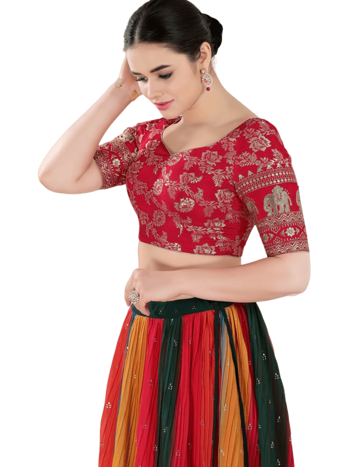 Tomato-Pink Jacquard Botanical Pattern V Neck Blouse